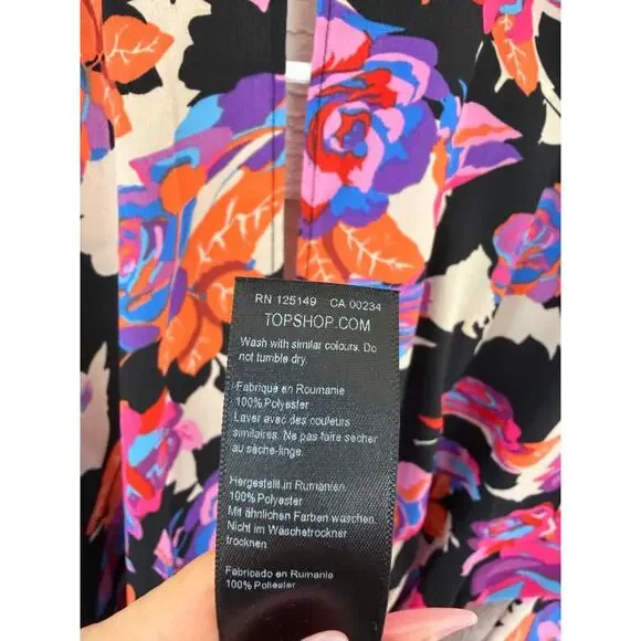 Topshop Floral Midi Wrap Dress Long Sleeve Black Pink Orange Belted Size US 2 - Picture 9 of 9